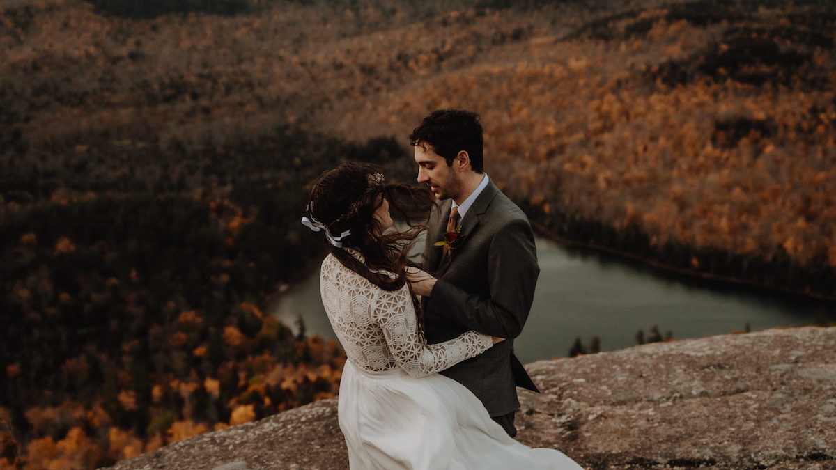 Bride and groom eloping on Mount Jo in Lake Placid, NY, one of the best places in New York to elope