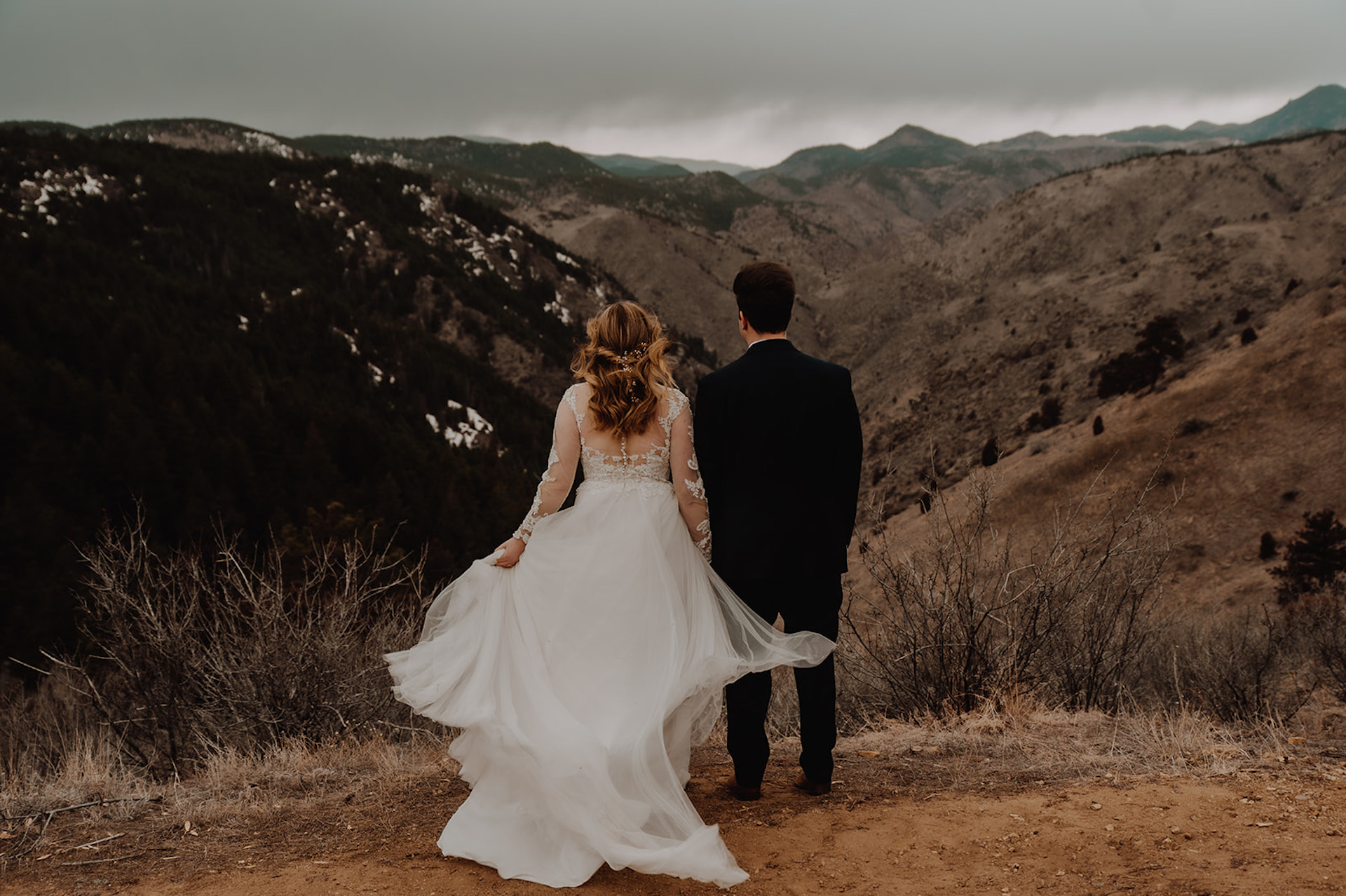 Bride and groom eloping in Rocky Mountains