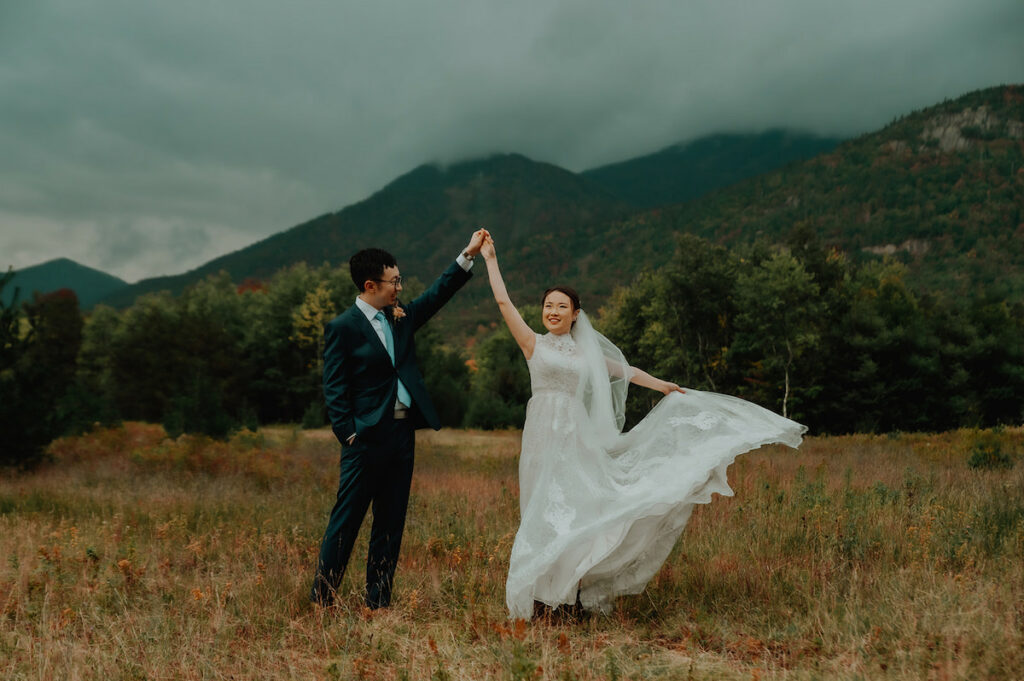 Bride and groom dancing in Wilmington, NY near Whiteface Mountain