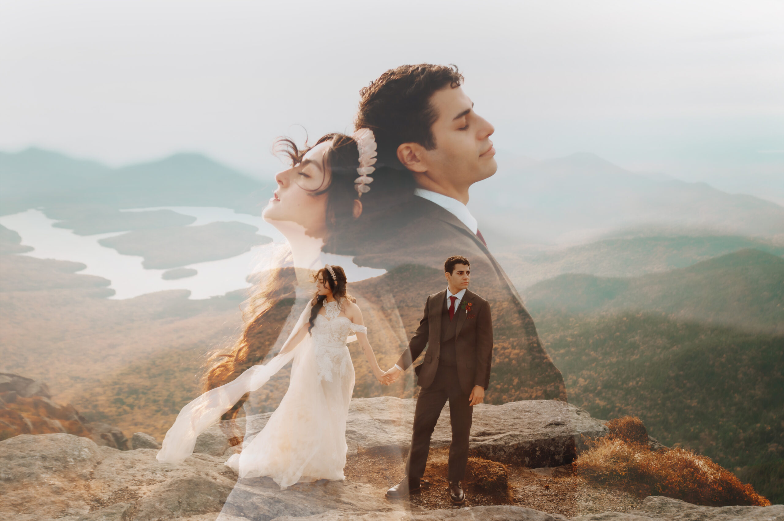 Double Exposure of bride and groom on mountain summit during sunset elopement