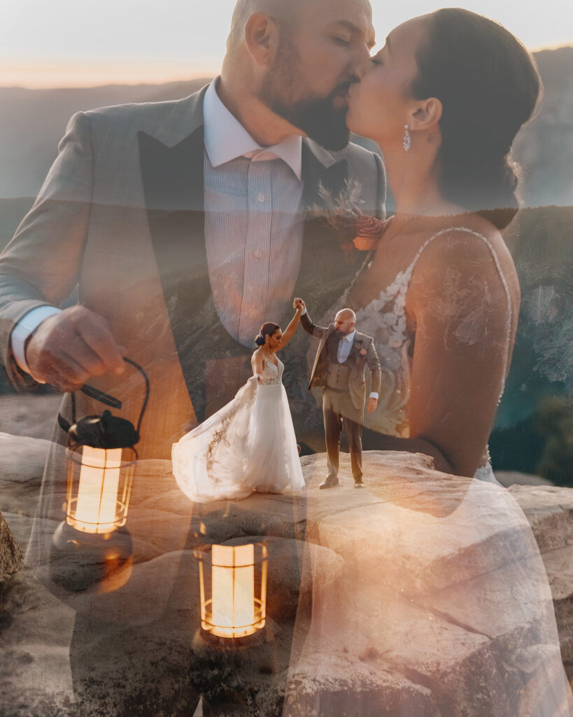 Double exposure of elopement couple holding lanterns at Taft Point in Yosemite National Park at sunset